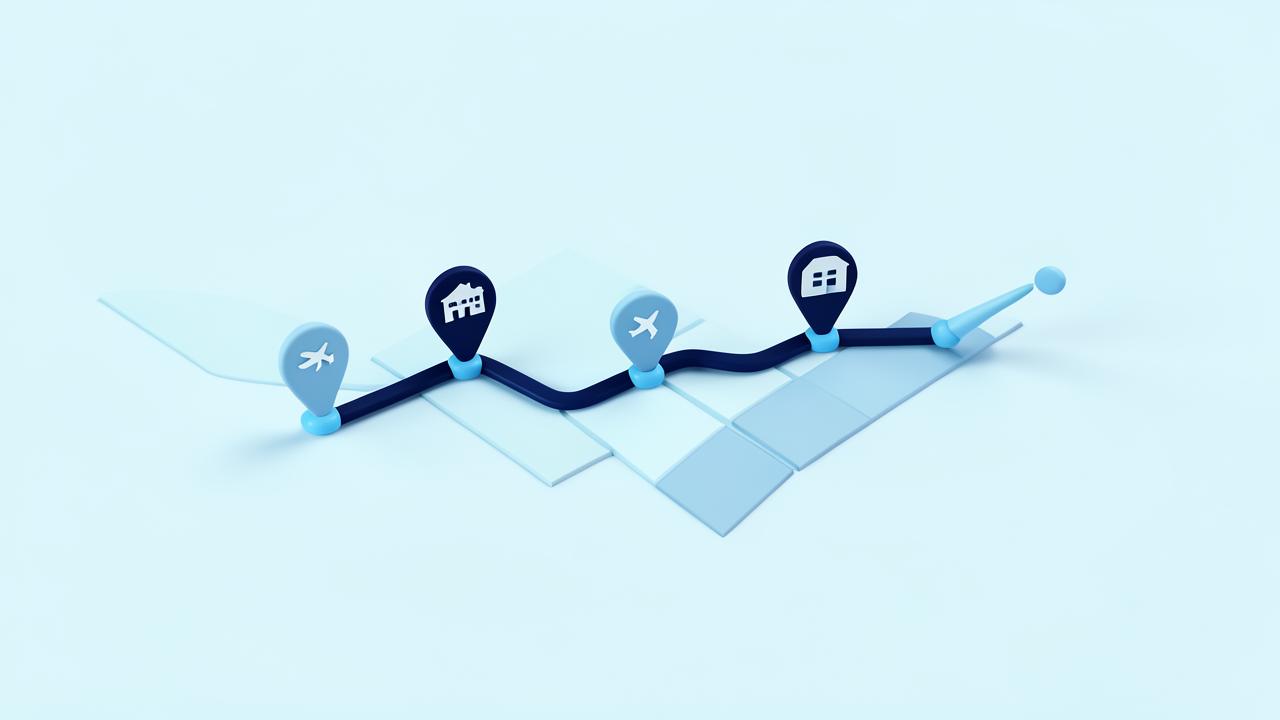 Trip route with hotel, flight and activity stops