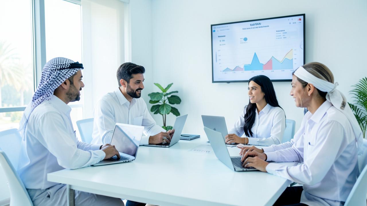 Travel sales team reviewing performance