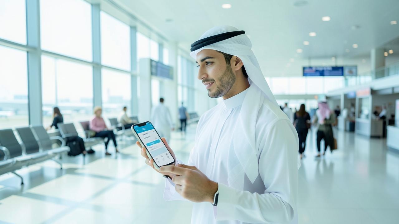 Traveler using a mobile app at the airport