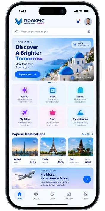 Vbooking Super App interface showing AI travel recommendations, trip planning, bookings, popular destinations and member benefits